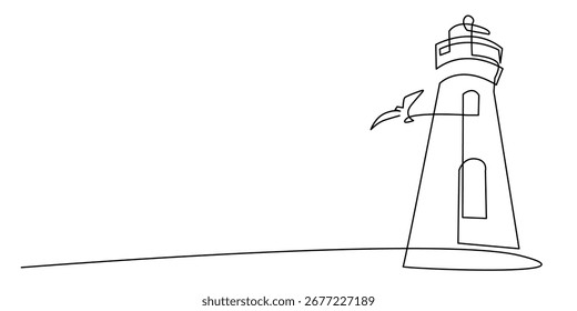 Lighthouse Continuous One Line Drawing. Minimalistic Simple Linear Illustration of Lighthouse Contour Silhouette. Simple One Line Art for Travel and Adventure, Business Design. Not AI