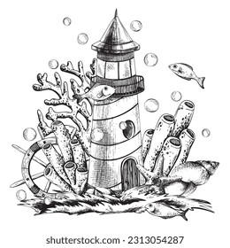 Lighthouse with corals, algae, a rudder and a fish isolated composition on a white background, hand-drawn in a graphic. Vector, marine composition, in EPS format. For poster, postcard, print.