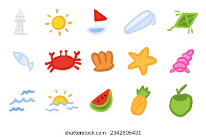 lighthouse, crab, sun, fish, coconut, shellfish