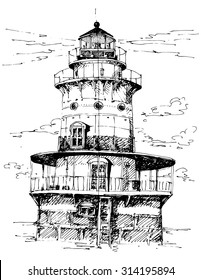lighthouse cylindrical old retro balcony simple illustration drawing clouds