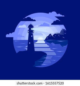 lighthouse in the dark of night; dark background; mountains and sea; landscape background; shine of light in the dark