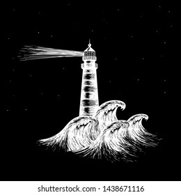 Lighthouse in the dark and sea landscape. Hand drawn vector illustration realistic sketch