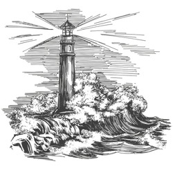 Lighthouse In The Dark And Sea Landscape, Lighthouse In The Storm Hand Drawn Vector Illustration Realistic Sketch
