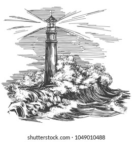 lighthouse in the dark and sea landscape, lighthouse in the storm hand drawn vector illustration realistic sketch