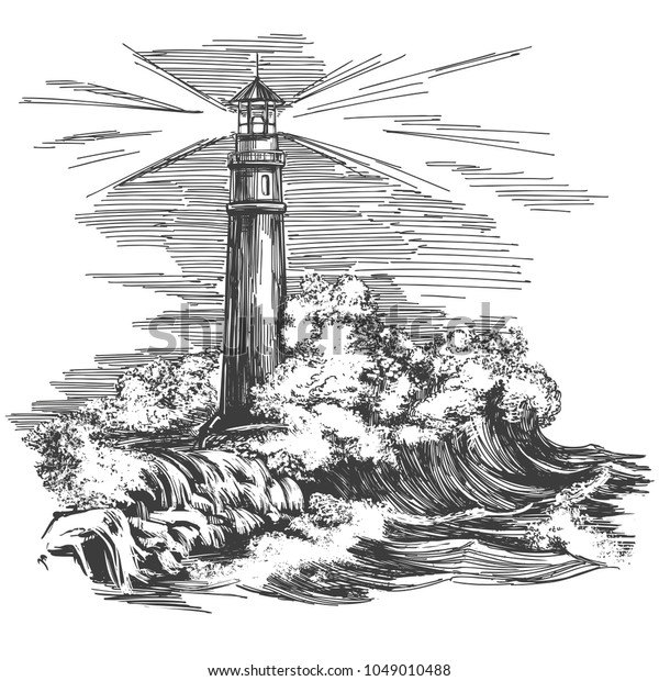 暗い海の風景の中の灯台 嵐の中の灯台 手描きのベクトルイラストのリアルなスケッチ のベクター画像素材 ロイヤリティフリー