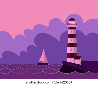 Lighthouse at dawn, pink and purple sunrise seascape, flat vector illustration.