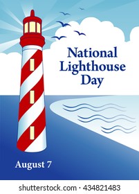 Lighthouse Day, national holiday in USA held annually on August 7th, seaside coast lighthouse with light beacon, blue sky ray background. EPS8 compatible. 

