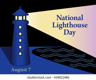 Lighthouse Day, national holiday in USA held annually on August 7th, seaside coast lighthouse with light beacon, night time background. EPS8 compatible. 