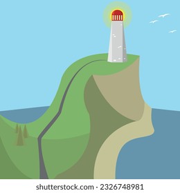  Lighthouse day on the rocks of the islands around the sea ripples cartoon vector background. 