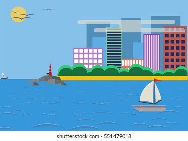 Lighthouse Daylight Landscape With Town 