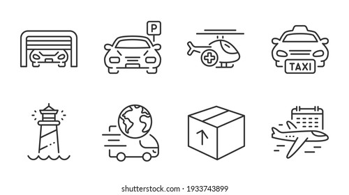 Lighthouse, Delivery service and Select flight line icons set. Parking, Parking garage and Taxi signs. Package, Medical helicopter symbols. Quality line icons. Lighthouse badge. Vector