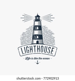 Lighthouse Design Element in Vintage Style for Logo or Badge Retro vector illustration. Vector illustration.