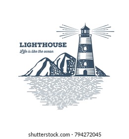 Lighthouse Design Element in Vintage Style for Logo or Badge Retro. Vector illustration.