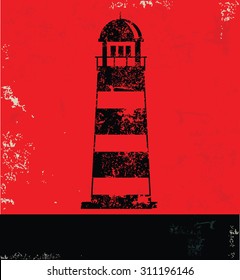 Lighthouse design on red background, grunge vector