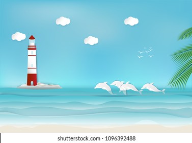 Lighthouse and Dolphin in the sea background paper art, paper craft style illustration