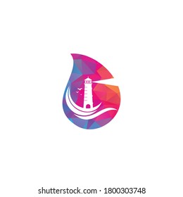 Lighthouse drop shape concept vector logo design. Waves Lighthouse icon logo design vector template 