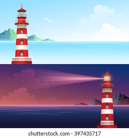 Lighthouse during day and night horizontal banner set. Vector illustration EPS10