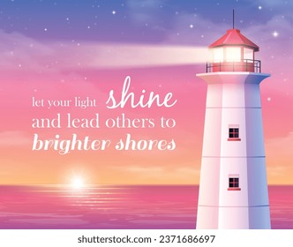 Lighthouse at dusk realistic poster with setting sun on background vector illustration