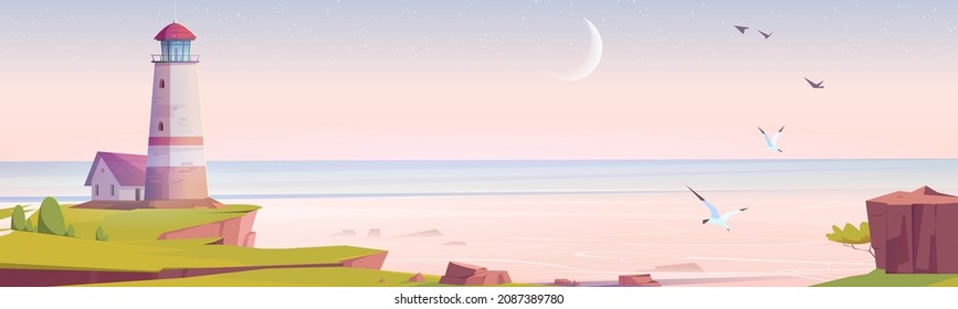Lighthouse at early morning sea shore, beacon building at scenery nature ocean landscape. Nautical seafarer on rocky coast under pink sky with gulls. Marine sailing light, Cartoon vector illustration