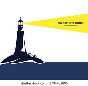 lighthouse in the edge of beach shine its light far way to the sea for poster and vector design illustration template