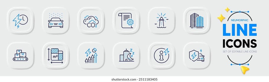 Lighthouse, Electricity consumption and Night city line icons for web app. Pack of Power info, Co2, Skyscraper buildings pictogram icons. Floor plan, Charging time, Wholesale goods signs. Vector