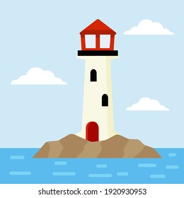 Lighthouse. Element of marine landscape. Beautiful place and rock. Lighting the white tower. Flat cartoon illustration. Building for ship landmark