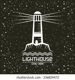 Lighthouse emblem in geometric style with texture. White print on a black background