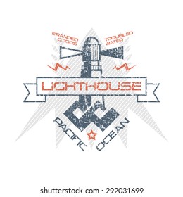 Lighthouse emblem  with shabby texture. Graphic design for t-shirt. Color print on white background