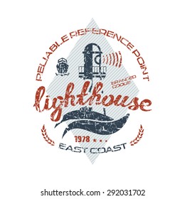 Lighthouse emblem  with shabby texture. Graphic design for t-shirt. Color print on white background