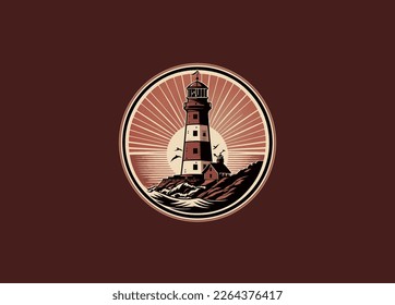 Lighthouse emblem in Vintage Style for Logo. Badge with lighthouse. Vector illustration.