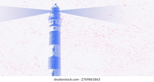 Lighthouse emitting a bright beam of light in a vintage halftone style. Trendy halftone collage. Nautical lighthouse for maritime navigation, coastal safety, and navigation. Artistic retro graphic