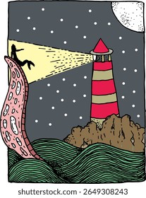 Lighthouse Encounter – Surreal Tentacle and Night Sea Doodle