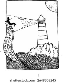 Lighthouse Encounter – Surreal Tentacle and Night Sea Doodle black and white