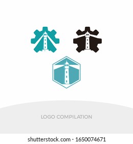 Lighthouse engineer with gear machine shape logo compilaton vector