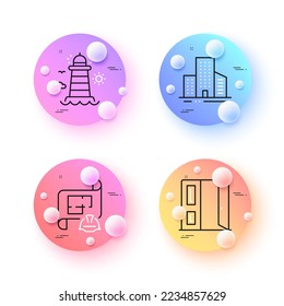 Lighthouse, Engineering plan and Open door minimal line icons. 3d spheres or balls buttons. Buildings icons. For web, application, printing. Beacon tower, Technical document, Entrance. Vector