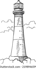 Lighthouse engraving. Hand drawn coast signal tower