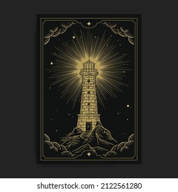 Lighthouse with engraving or hand drawn style, luxury, celestial, esoteric, boho style, fit for spiritualist, religious, paranormal, tarot reader, astrologer or tattoo vector