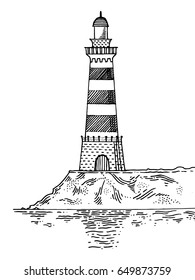 Lighthouse engraving vector illustration. Scratch board style imitation. Hand drawn image.