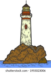 Ilustración vectorial de grabado de faro. Esbozar el color de la placa de rayado.
