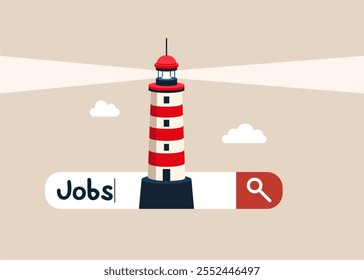 Lighthouse entering into a search bar  employment, career or job search, seek for vacancy or work position. Flat vector illustration.