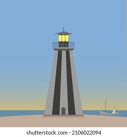 Lighthouse with a fishing boat, vector illustration.