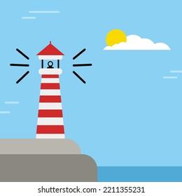 Lighthouse flat cartoon style on sea coast. Summer landscape of ocean beach with beacon and building on cliff. Vector icon illustration. Ocean shore with light house
