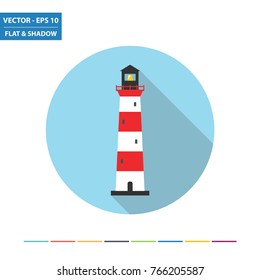 Lighthouse flat icon with long shadow. Vector Illustration.