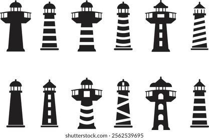 Lighthouse flat icons set. Light house logos designs featuring tower vectors, representing maritime symbolism. Searchlight concept. Shore light beacon illustration isolated on transparent background.