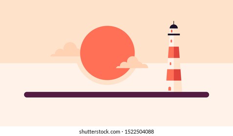 Lighthouse flat landscape in the coast at sunset, with panoramic view of ocean vector illustration 