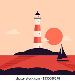 Lighthouse flat landscape in the coast at sunset, with panoramic view of ocean vector illustration 