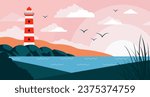 Lighthouse flat landscape. Lighthouse on coastline, clouds and flying bird flock. Beacon sea or ocean in stones, safety symbol decent vector background