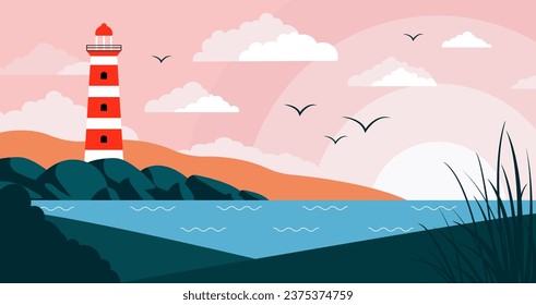 Paisaje plano de faro. Faro en la costa, nubes y rebaño de aves voladoras. Mar radiante o océano en piedras, símbolo de seguridad fondo vectorial decente