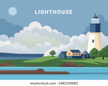 Lighthouse flat landscape. Lighthouse on coastline, clouds  Beacon sea or ocean in stones, vector with minimalist style for postcard, art print, background.