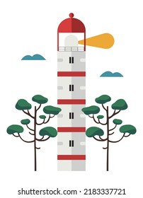 Lighthouse in flat style. Navigation beacon building in pine trees. Isolated on white vector illustration